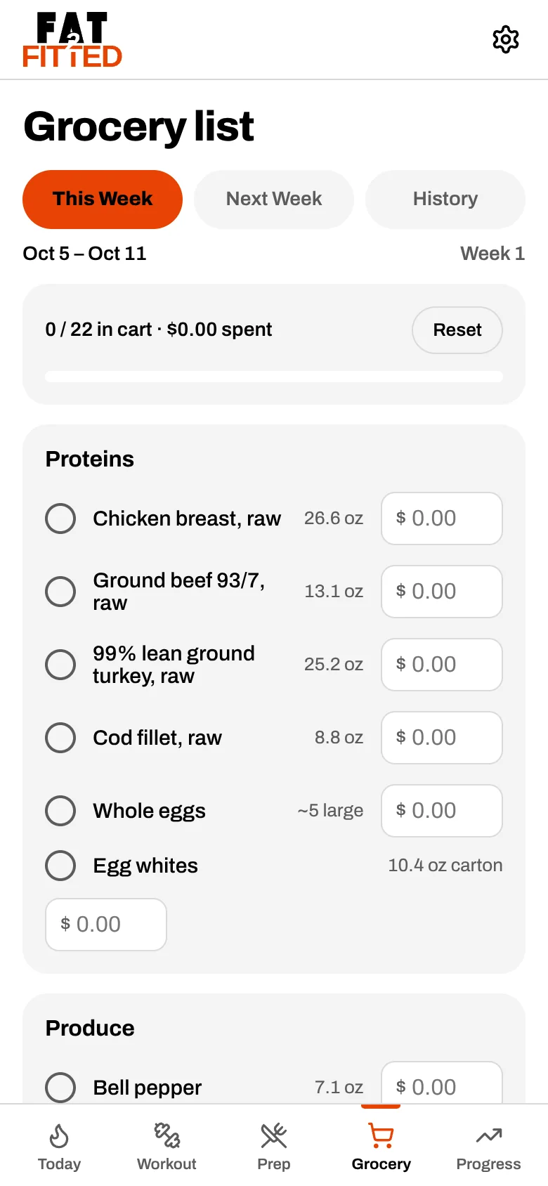 The grocery list grouped by proteins and produce, with amounts and a cart progress bar.