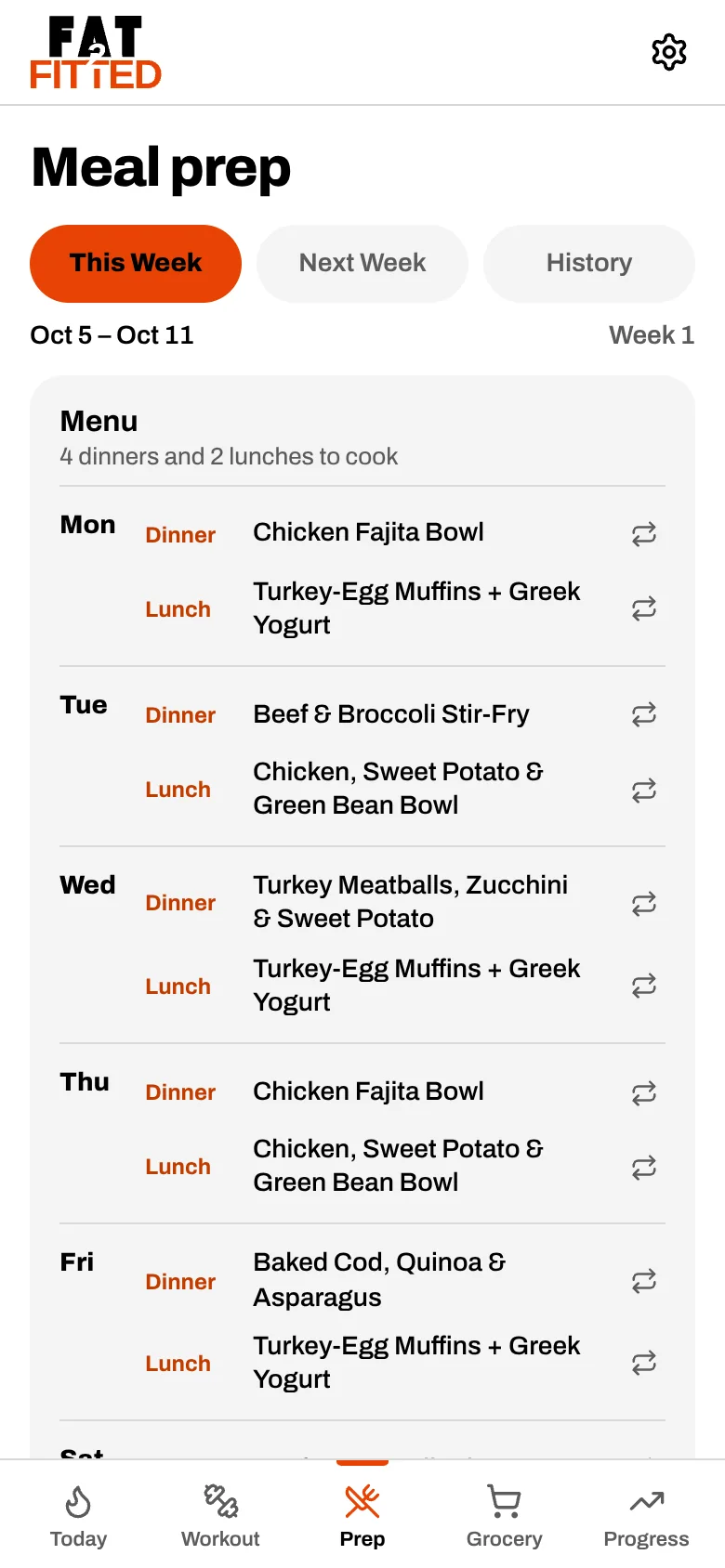 The Meal prep screen showing the week's dinners and lunches.