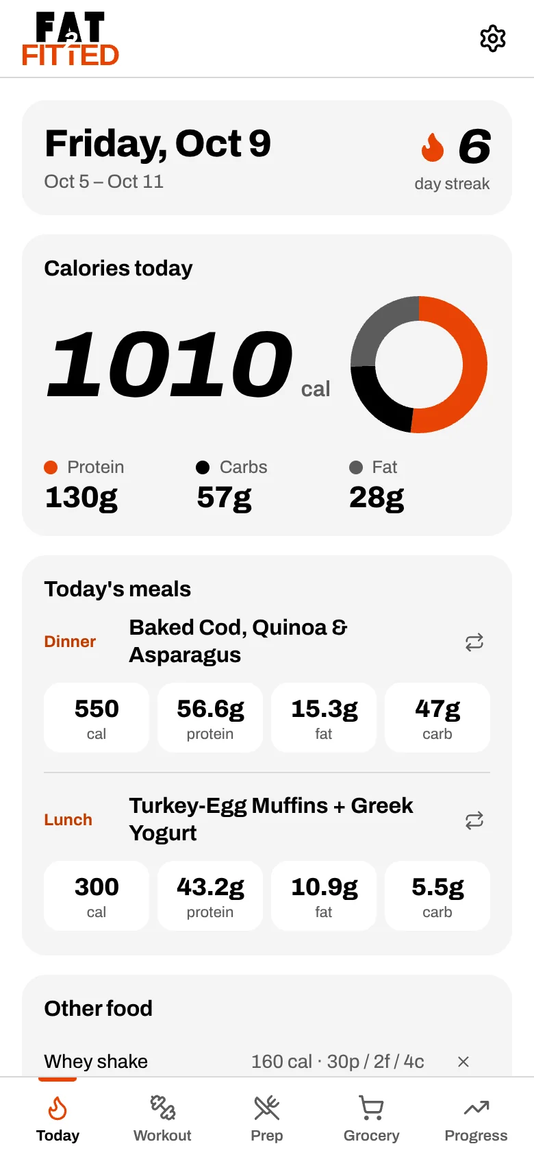 The Today screen showing 1010 calories, protein, carbs and fat, and today's dinner and lunch.